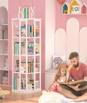 Draaibare Boekenkast 360° – Smalle Hoekkast met 4 Lagen, Houten Opbergrek