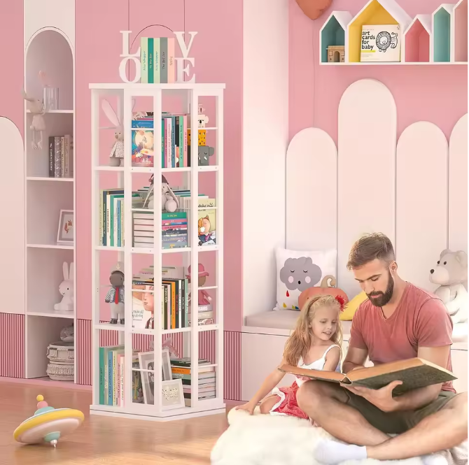 Draaibare Boekenkast 360° – Smalle Hoekkast met 4 Lagen, Houten Opbergrek
