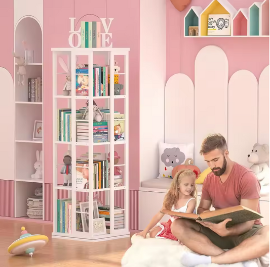 Draaibare Boekenkast 360° – Smalle Hoekkast met 4 Lagen, Houten Opbergrek