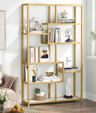 Moderne Boekenkast met 8 Open Vakken – Gouden Frame & Marmerlook Planken