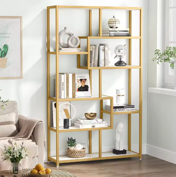 Moderne Boekenkast met 8 Open Vakken – Gouden Frame & Marmerlook Planken