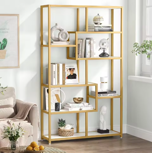 Moderne Boekenkast met 8 Open Vakken – Gouden Frame & Marmerlook Planken