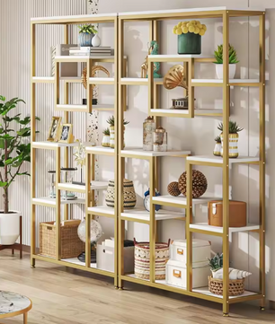 Moderne Boekenkast met 8 Open Vakken – Gouden Frame & Marmerlook Planken