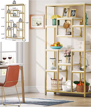 Moderne Boekenkast met 8 Open Vakken – Gouden Frame & Marmerlook Planken