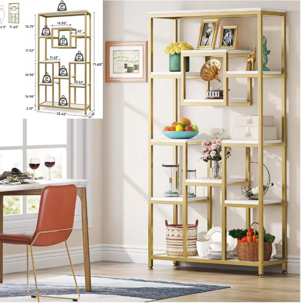Moderne Boekenkast met 8 Open Vakken – Gouden Frame & Marmerlook Planken