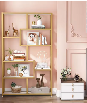 Moderne Boekenkast met 8 Open Vakken – Gouden Frame & Marmerlook Planken