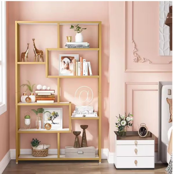 Moderne Boekenkast met 8 Open Vakken – Gouden Frame & Marmerlook Planken