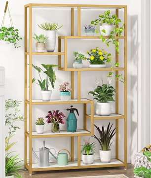 Moderne Boekenkast met 8 Open Vakken – Gouden Frame & Marmerlook Planken