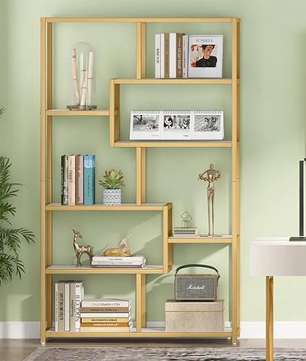 Moderne Boekenkast met 8 Open Vakken – Gouden Frame & Marmerlook Planken