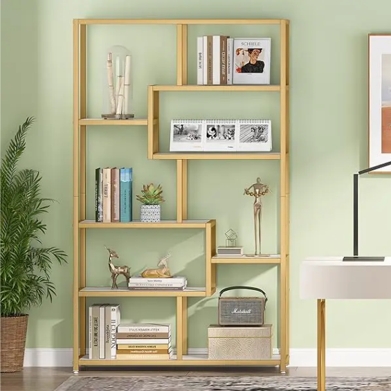 Moderne Boekenkast met 8 Open Vakken – Gouden Frame & Marmerlook Planken