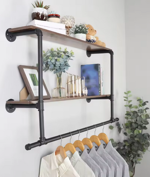 Industriële Wandkapstok met Houten Planken – Kledingrek & Opbergrek, Ruimtebesparend
