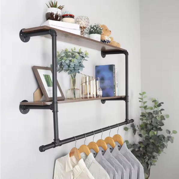 Industriële Wandkapstok met Houten Planken – Kledingrek & Opbergrek, Ruimtebesparend