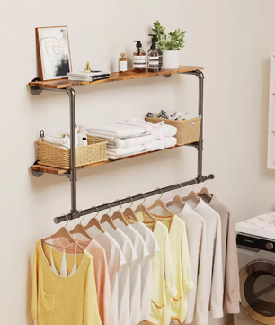 Industriële Wandkapstok met Houten Planken – Kledingrek & Opbergrek, Ruimtebesparend