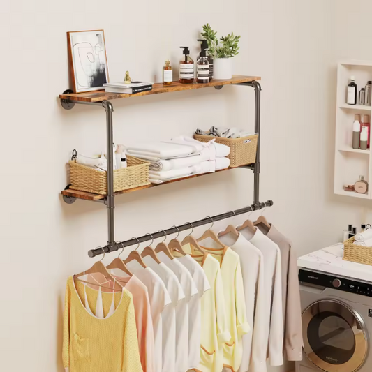 Industriële Wandkapstok met Houten Planken – Kledingrek & Opbergrek, Ruimtebesparend
