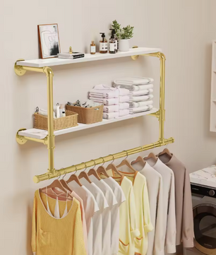 Industriële Wandkapstok met Houten Planken – Kledingrek & Opbergrek, Ruimtebesparend