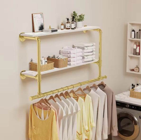 Industriële Wandkapstok met Houten Planken – Kledingrek & Opbergrek, Ruimtebesparend