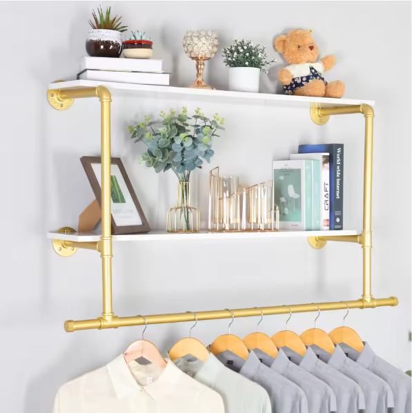 Industriële Wandkapstok met Houten Planken – Kledingrek & Opbergrek, Ruimtebesparend