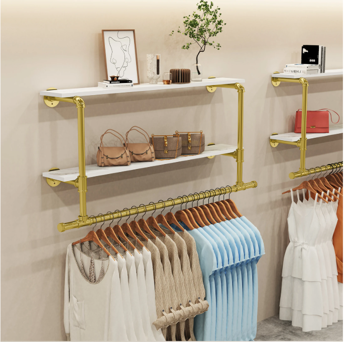 Industriële Wandkapstok met Houten Planken – Kledingrek & Opbergrek, Ruimtebesparend