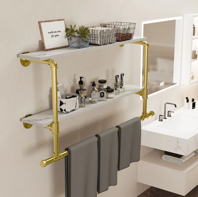 Industriële Wandkapstok met Houten Planken – Kledingrek & Opbergrek, Ruimtebesparend