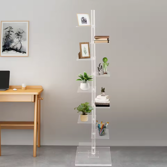 Transparante Hoekboekenkast – 9 Lagen Acryl Torenrek, Modern & Ruimtebesparend