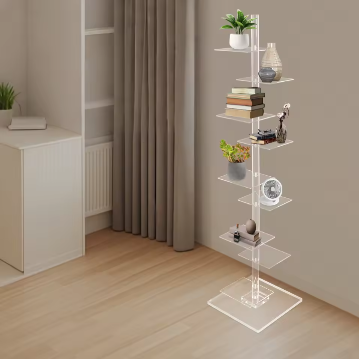 Transparante Hoekboekenkast – 9 Lagen Acryl Torenrek, Modern & Ruimtebesparend