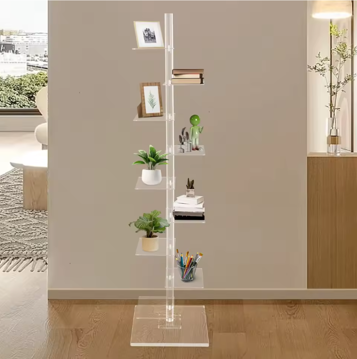 Transparante Hoekboekenkast – 9 Lagen Acryl Torenrek, Modern & Ruimtebesparend