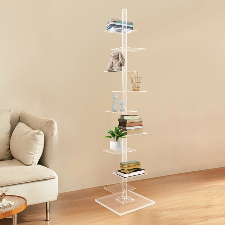 Transparante Hoekboekenkast – 9 Lagen Acryl Torenrek, Modern & Ruimtebesparend