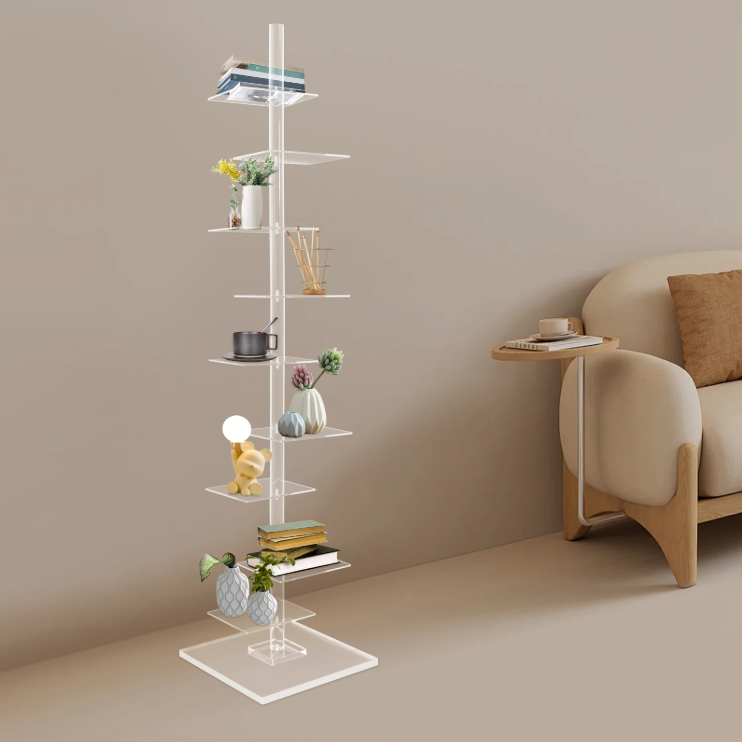 Transparante Hoekboekenkast – 9 Lagen Acryl Torenrek, Modern & Ruimtebesparend