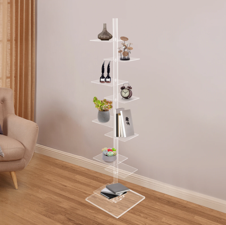 Transparante Hoekboekenkast – 9 Lagen Acryl Torenrek, Modern & Ruimtebesparend