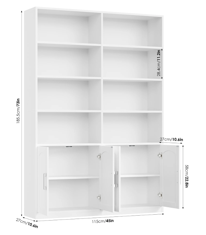 Staande Boekenkast met 12 Vakken & 4 Deuren – Multifunctioneel Opbergrek 115×27×185,5 cm