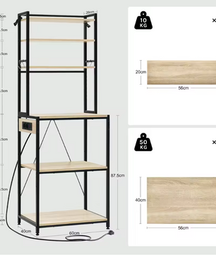 Keuken Opbergrek met 6 Planken & Stopcontact – Multifunctioneel Bakkerijrek