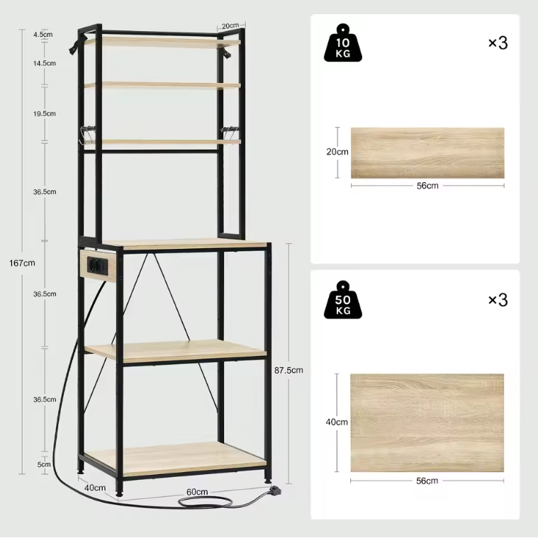 Keuken Opbergrek met 6 Planken & Stopcontact – Multifunctioneel Bakkerijrek