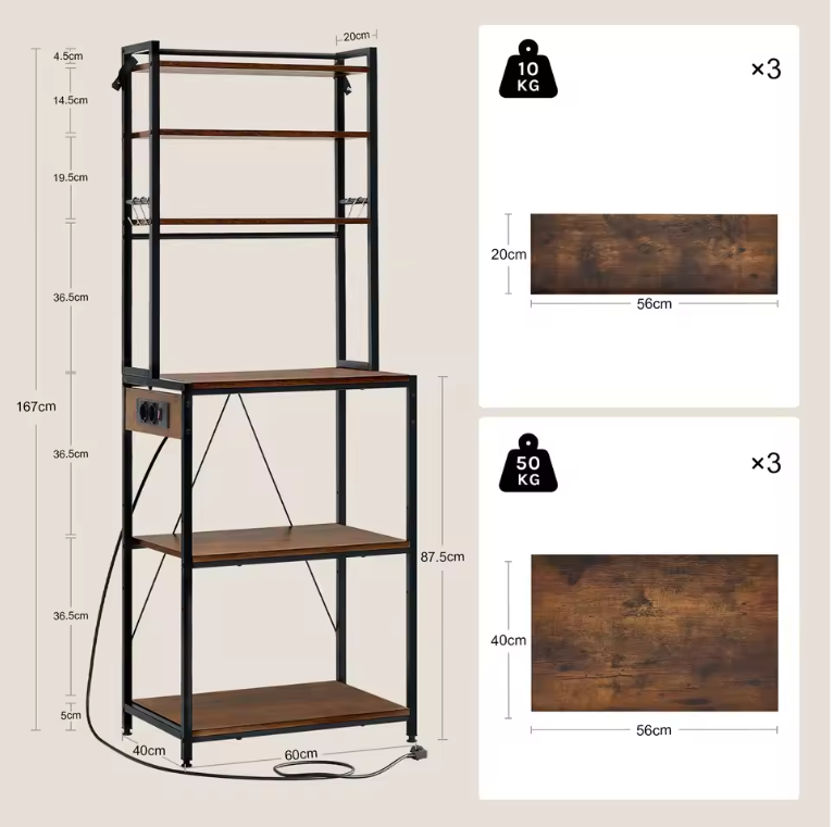 Keuken Opbergrek met 6 Planken & Stopcontact – Multifunctioneel Bakkerijrek