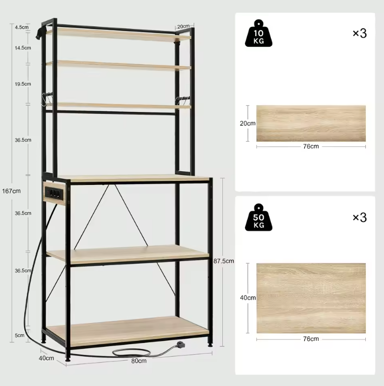 Keuken Opbergrek met 6 Planken & Stopcontact – Multifunctioneel Bakkerijrek
