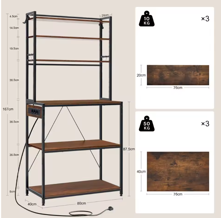 Keuken Opbergrek met 6 Planken & Stopcontact – Multifunctioneel Bakkerijrek