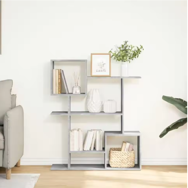 Roomdivider Boekenkast – 5 Vakken, Betonlook & Houtcomposiet