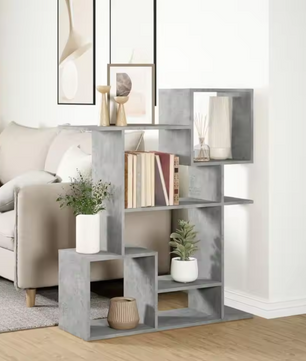 Roomdivider Boekenkast – 5 Vakken, Betonlook & Houtcomposiet