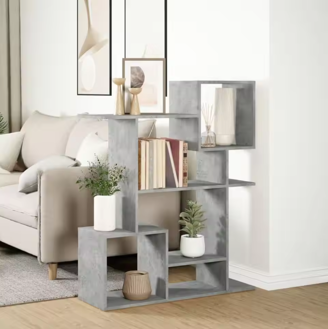Roomdivider Boekenkast – 5 Vakken, Betonlook & Houtcomposiet