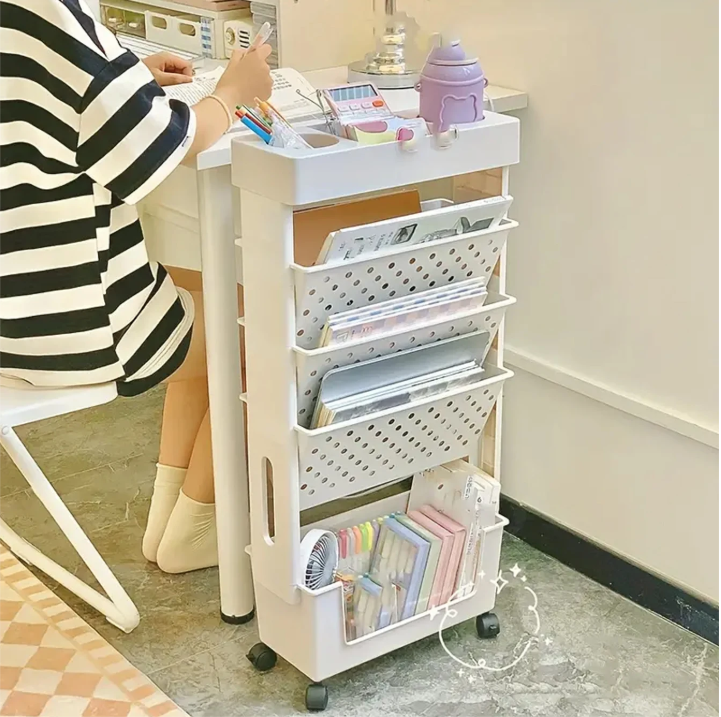 Draaibare Boekenkast met 5 Lagen – Kunststof Opbergrek op Wielen, Ruimtebesparend & Multifunctioneel