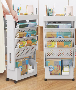 Draaibare Boekenkast met 5 Lagen – Kunststof Opbergrek op Wielen, Ruimtebesparend & Multifunctioneel