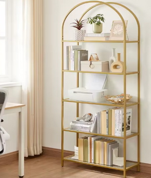 Glazen Boekenkast met 5 Niveaus – Staand Wandrek met Gouden Frame, Modern & Luxe