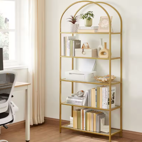 Glazen Boekenkast met 5 Niveaus – Staand Wandrek met Gouden Frame, Modern & Luxe