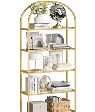 Glazen Boekenkast met 5 Niveaus – Staand Wandrek met Gouden Frame, Modern & Luxe