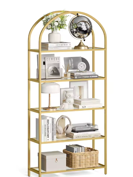 Glazen Boekenkast met 5 Niveaus – Staand Wandrek met Gouden Frame, Modern & Luxe