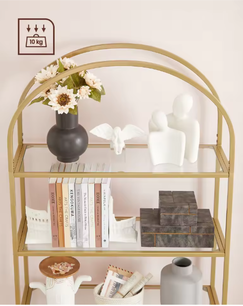 Glazen Boekenkast met 5 Niveaus – Staand Wandrek met Gouden Frame, Modern & Luxe