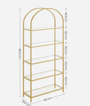 Glazen Boekenkast met 5 Niveaus – Staand Wandrek met Gouden Frame, Modern & Luxe