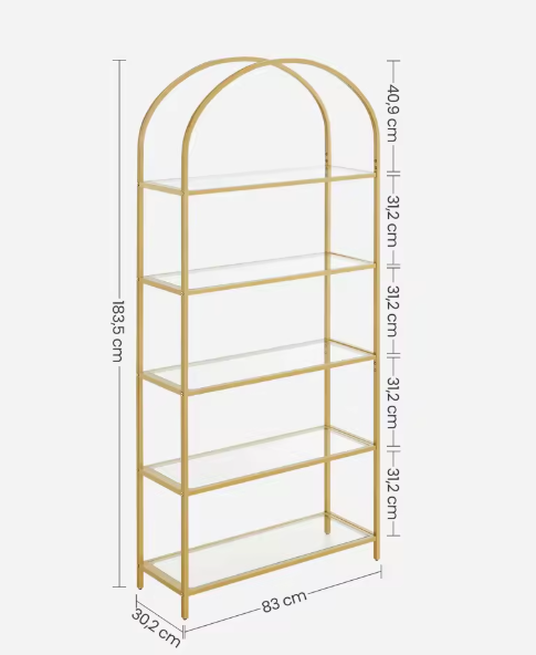 Glazen Boekenkast met 5 Niveaus – Staand Wandrek met Gouden Frame, Modern & Luxe