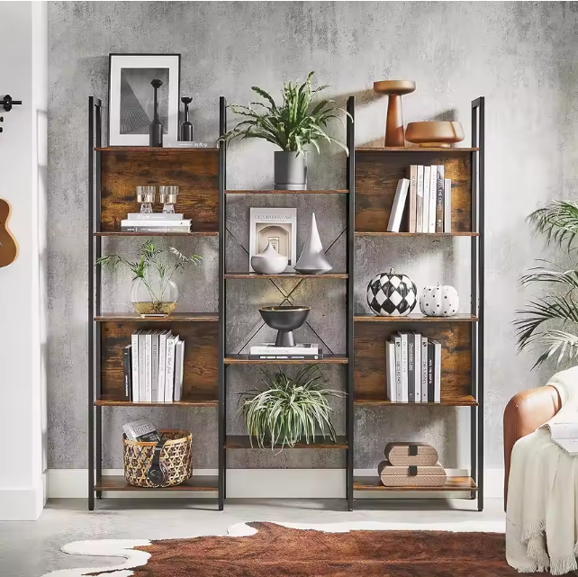 Boekenkast met 14 Niveaus – Industrieel Wandrek van Hout & Metaal, Vintage Bruin/Zwart