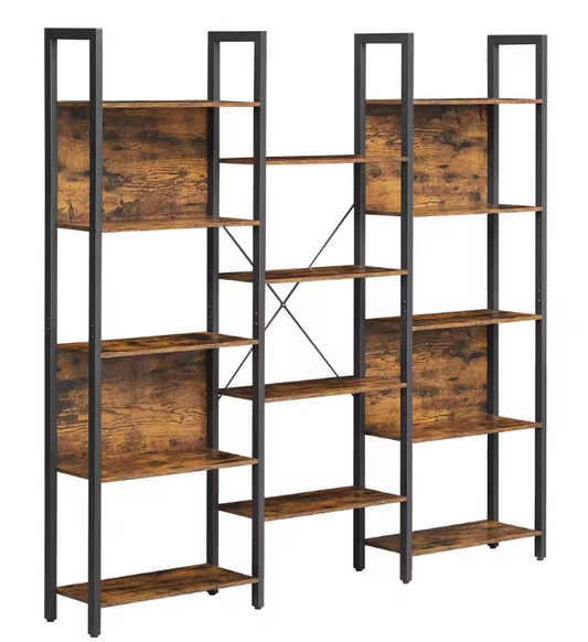 Boekenkast met 14 Niveaus – Industrieel Wandrek van Hout & Metaal, Vintage Bruin/Zwart