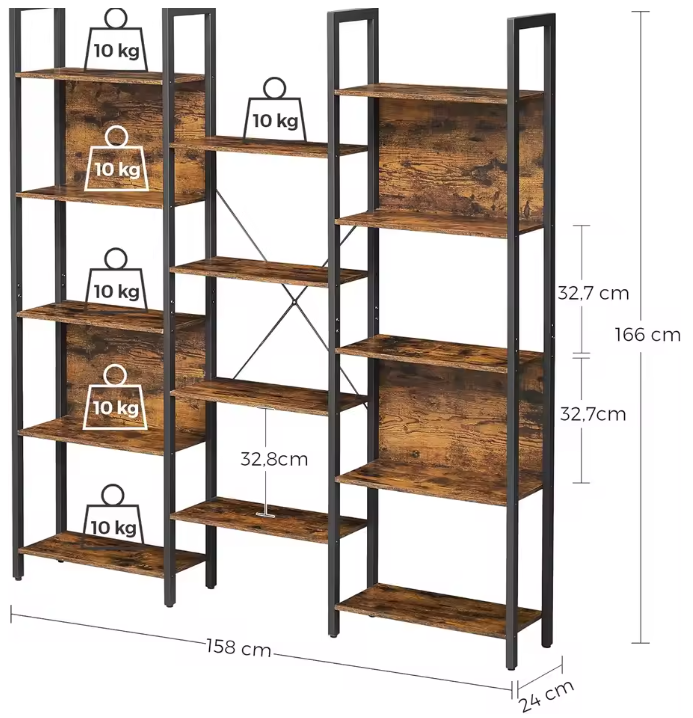 Boekenkast met 14 Niveaus – Industrieel Wandrek van Hout & Metaal, Vintage Bruin/Zwart